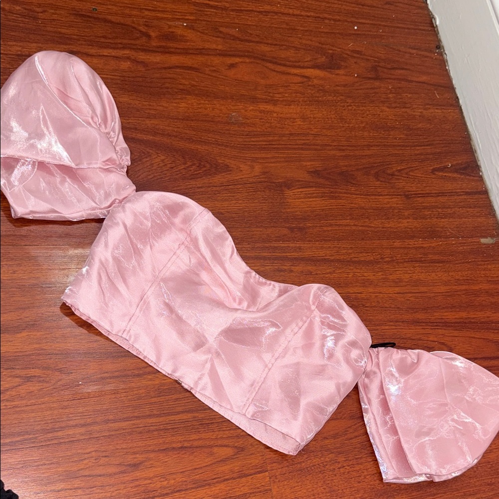 Forever 21 Pink Satin Puff Sleeve Strapless Crop Top